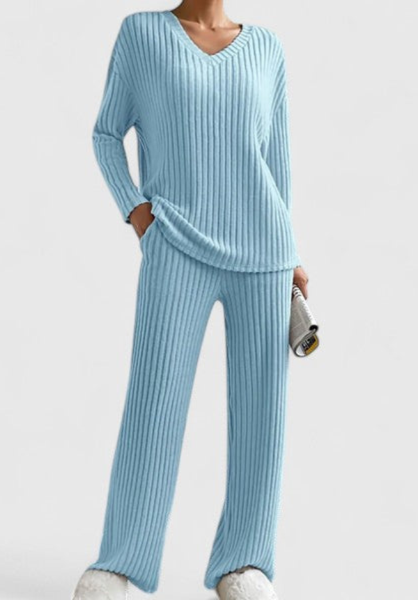 Women's Relaxed V-Neck Sweater & Wide-Leg Pants Set - Comfortable Loun - Sky Blue