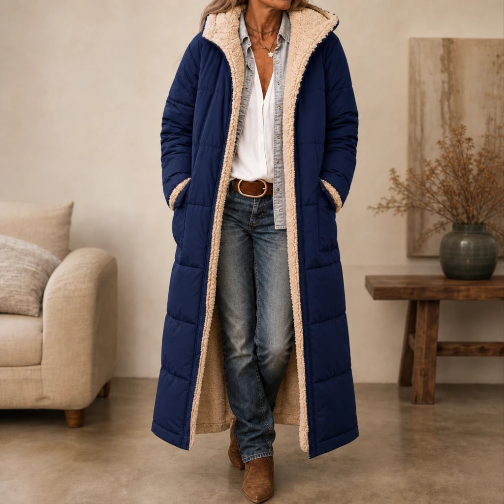 Women's Reversible Hooded Longline Puffer Coat in blue, Two-Sided Winter Esse