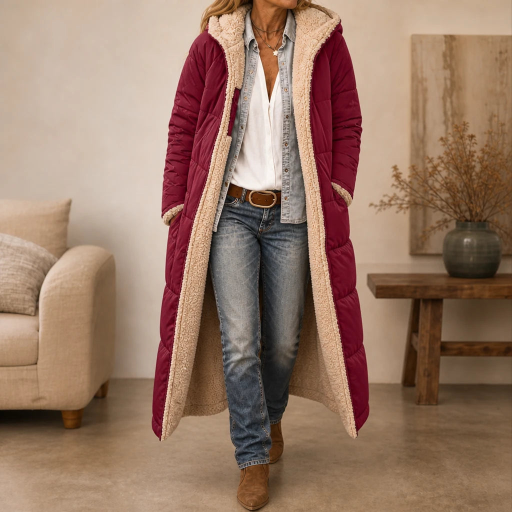 Women's Reversible Hooded Longline Puffer Coat in burgundy, Two-Sided Winter Esse