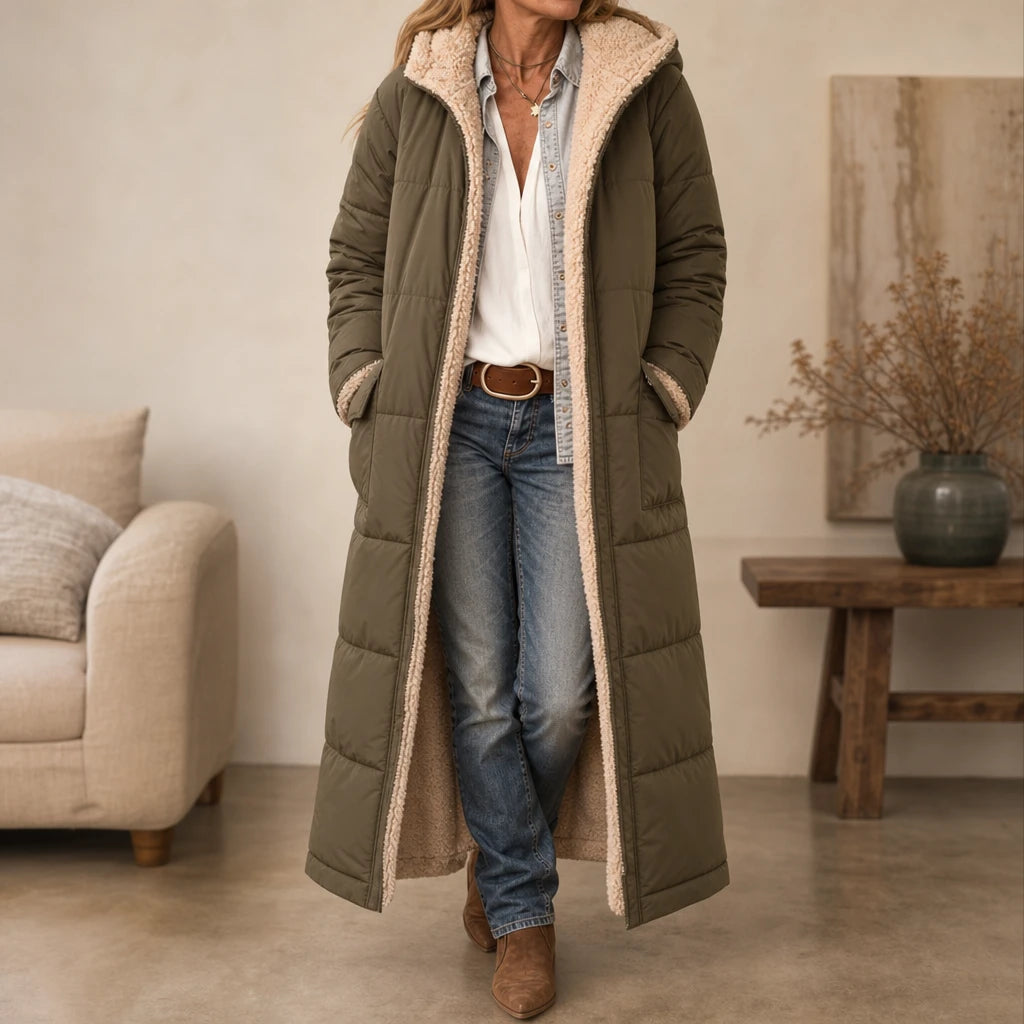 Women's Reversible Hooded Longline Puffer Coat - Two-Sided Winter Esse