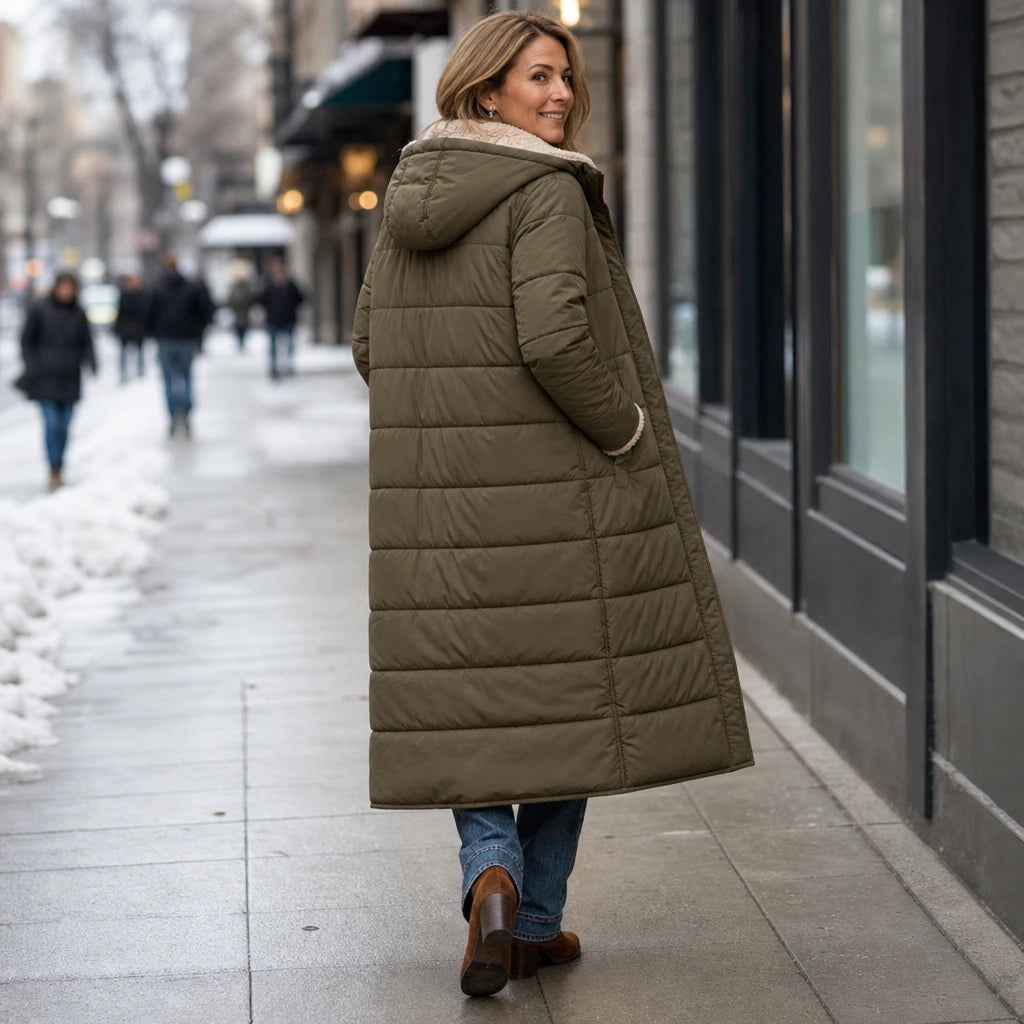 Women's Reversible Hooded Longline Puffer Coat - Two-Sided Winter Esse