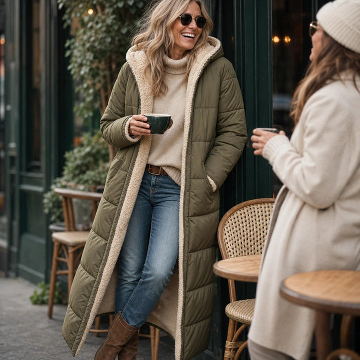 Women's Reversible Hooded Longline Puffer Coat - Two-Sided Winter Esse