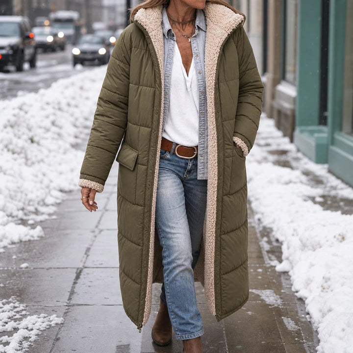 Women's Reversible Hooded Longline Puffer Coat - Two-Sided Winter Esse