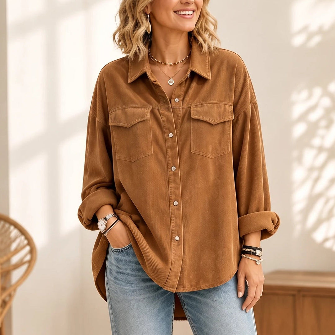 Women's Ribbed Corduroy Button-Front Shirt in brown, Relaxed Fit