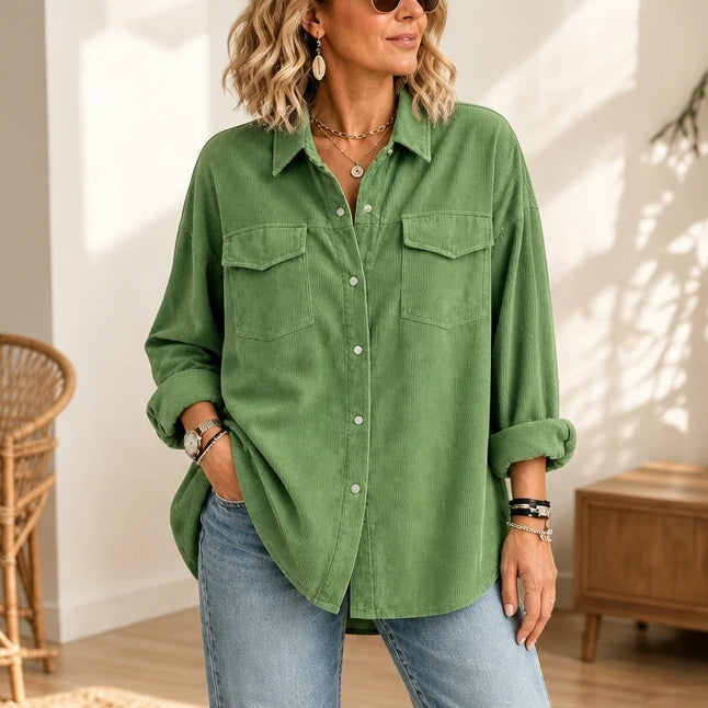 Women's Ribbed Corduroy Button-Front Shirt in green, Relaxed Fit