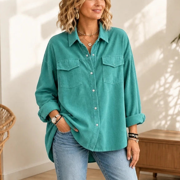 Women's Ribbed Corduroy Button-Front Shirt in turquoise, Relaxed Fit