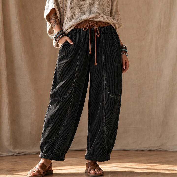 Women's Ribbed Corduroy Lantern Pants in black, Relaxed Fit