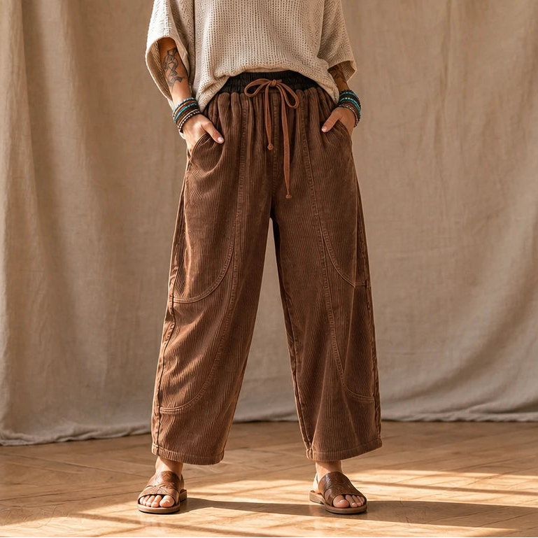 Women's Ribbed Corduroy Lantern Pants in brown, Relaxed Fit