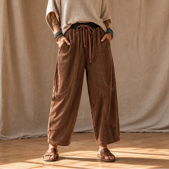 Women's Ribbed Corduroy Lantern Pants in brown, Relaxed Fit