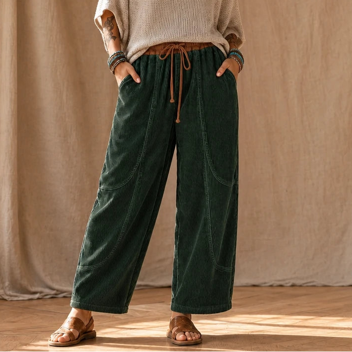 Women's Ribbed Corduroy Lantern Pants in dark green, Relaxed Fit