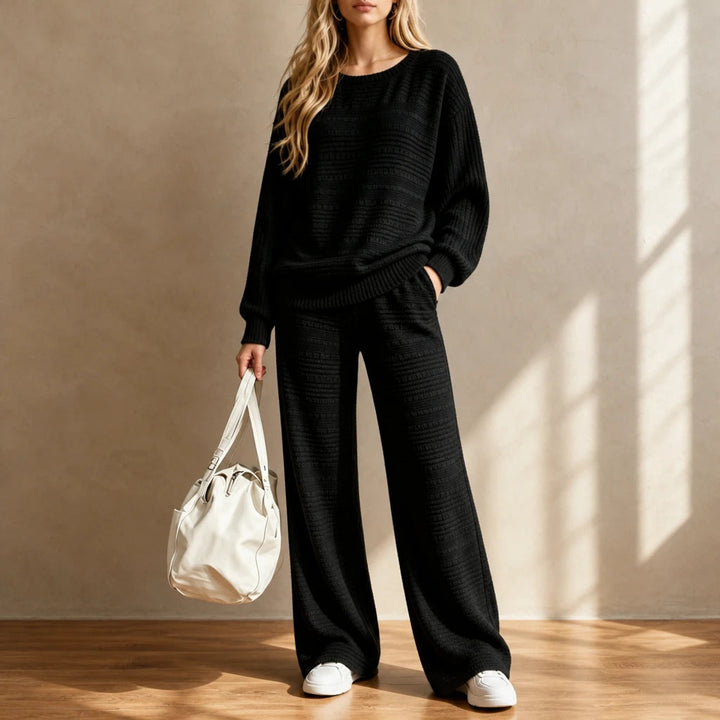 Women's Ribbed Knit Lounge Set in black, Wide-Leg Pants