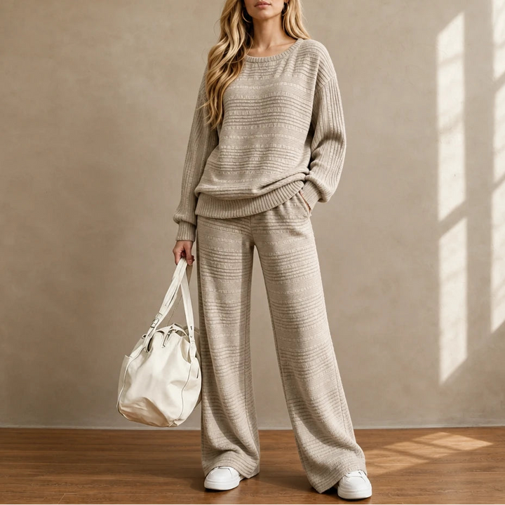 Women's Ribbed Knit Lounge Set in khaki, Wide-Leg Pants