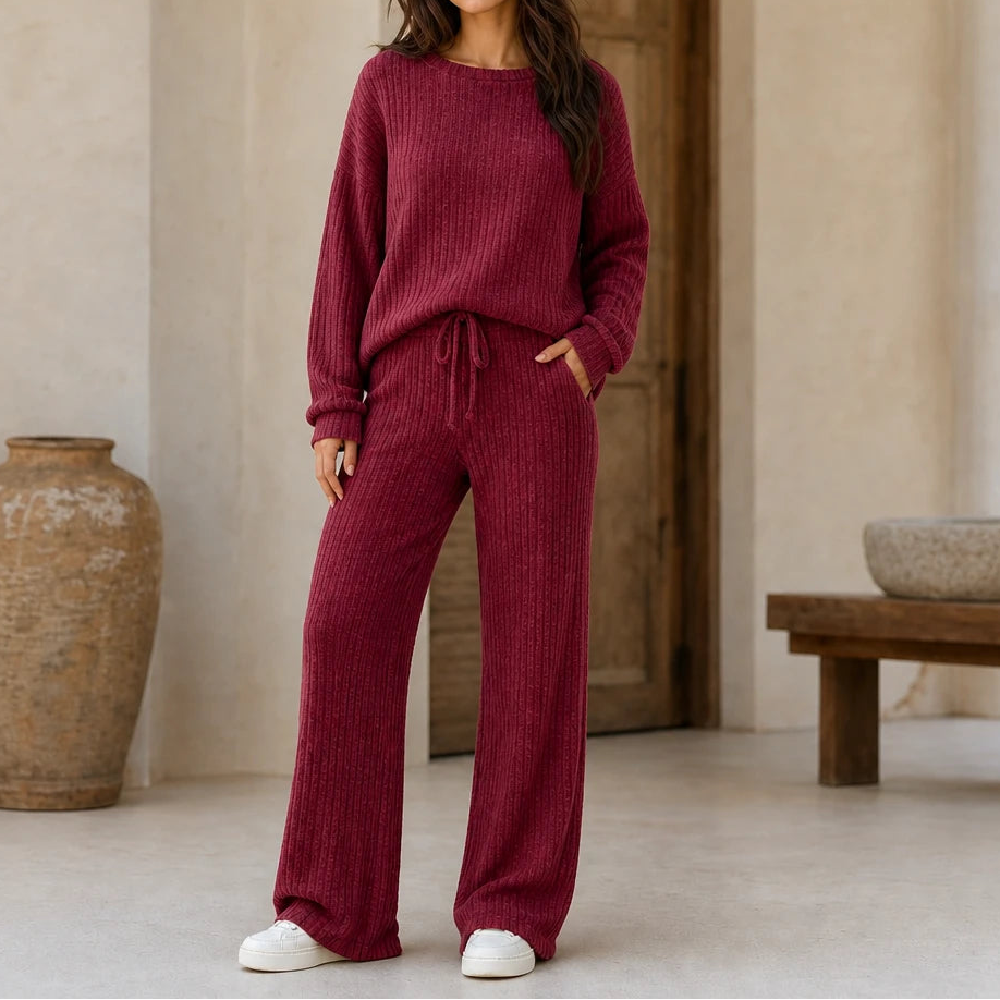 Women's Ribbed Knit Loungewear Set in burgundy, Wide-Leg Pants & Drop-Shoulder To