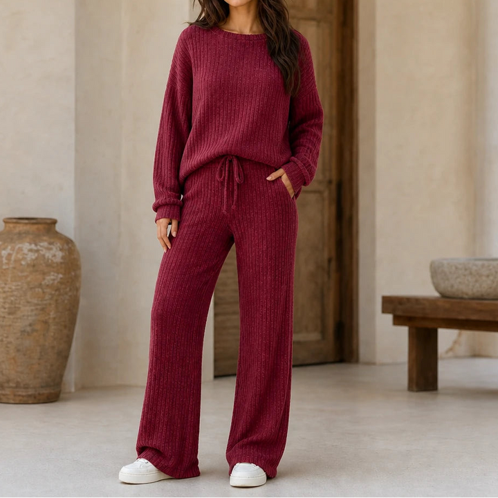 Women's Ribbed Knit Loungewear Set in burgundy, Wide-Leg Pants & Drop-Shoulder To