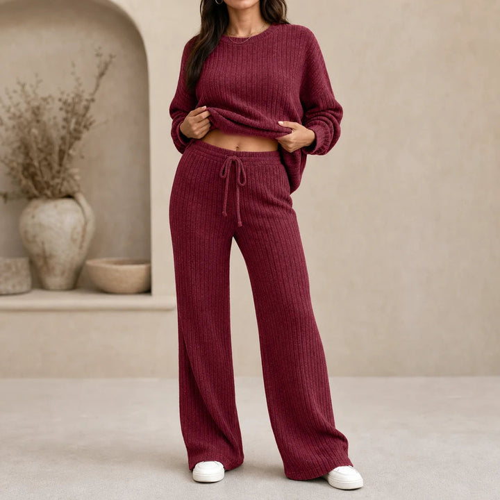 Women's Ribbed Knit Loungewear Set - Wide-Leg Pants & Drop-Shoulder To