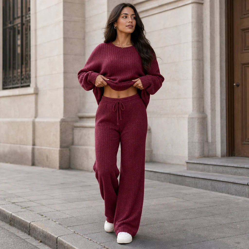 Women's Ribbed Knit Loungewear Set - Wide-Leg Pants & Drop-Shoulder To