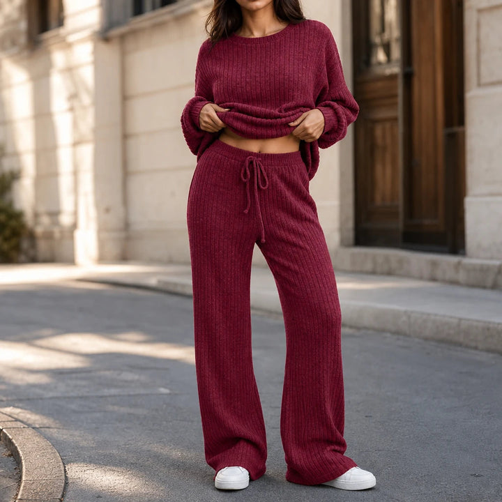 Women's Ribbed Knit Loungewear Set - Wide-Leg Pants & Drop-Shoulder To