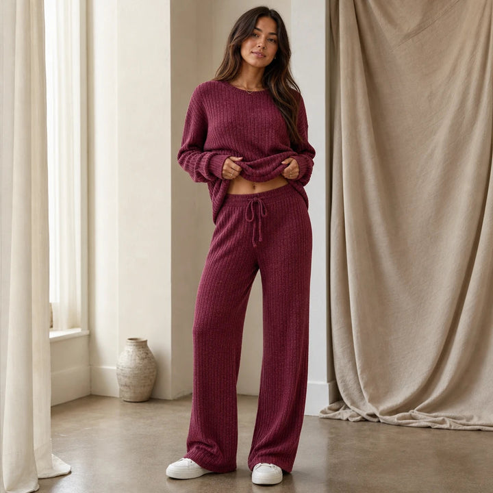 Women's Ribbed Knit Loungewear Set - Wide-Leg Pants & Drop-Shoulder To