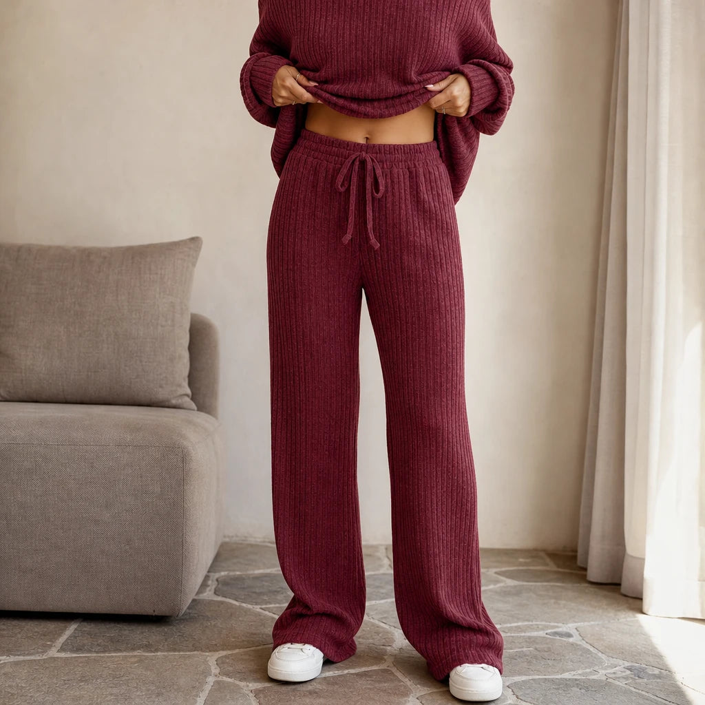 Women's Ribbed Knit Loungewear Set - Wide-Leg Pants & Drop-Shoulder To