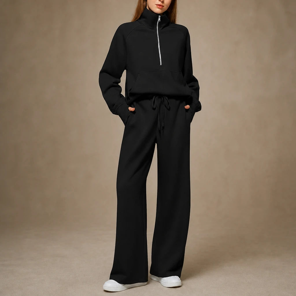 Women's Ribbed Oversized Lounge Set – Wide-Leg Pants & Top - Dark Grey