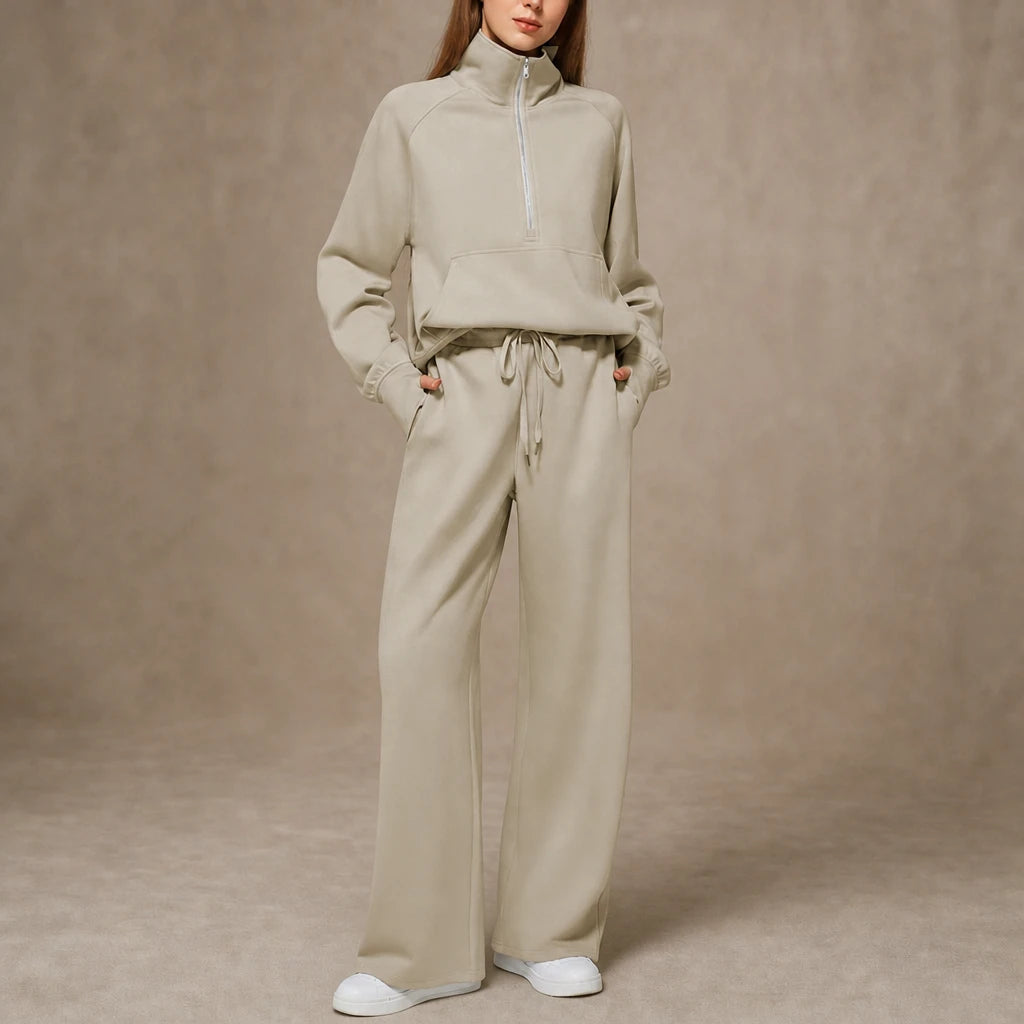 Women's Ribbed Oversized Lounge Set – Wide-Leg Pants & Top - Light Grey