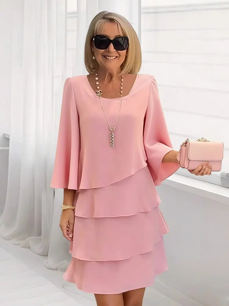 Women's Ruffle A-Line Dress - Elegant Comfort - Pink