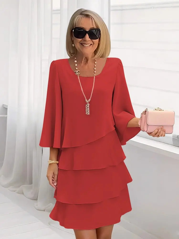 Women's Ruffle A-Line Dress - Elegant Comfort - Red