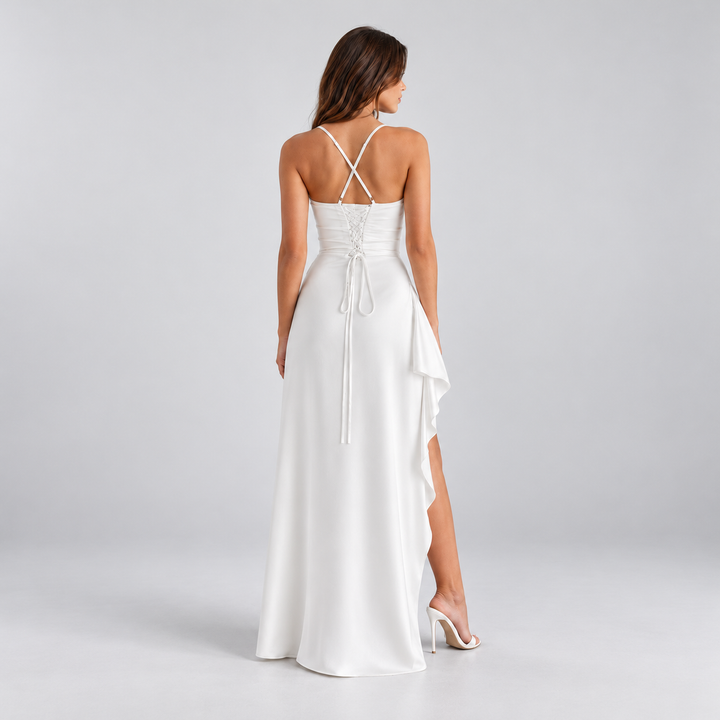 Women's Satin Maxi Dress with Side Slit - Sweetheart Neckline