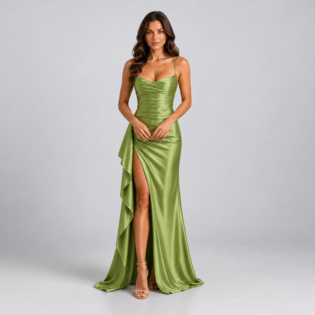 Women's Satin Maxi Dress with Side Slit in green, Sweetheart Neckline