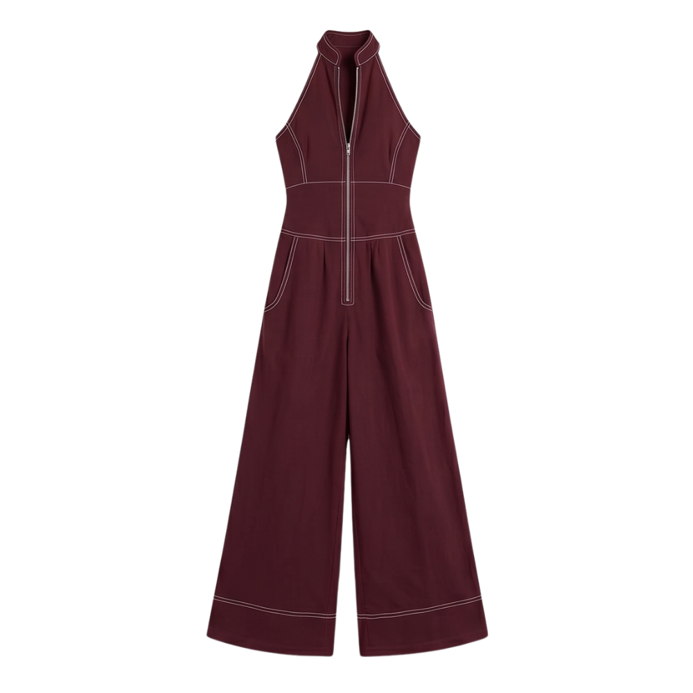 Women's Sculpted Halter Jumpsuit - Wide Leg - Burgundy