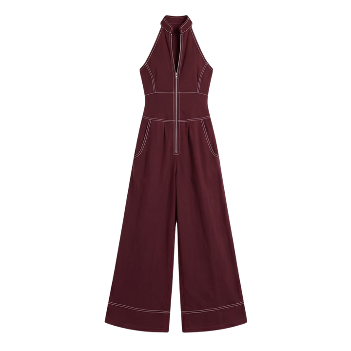 Women's Sculpted Halter Jumpsuit - Wide Leg - Burgundy