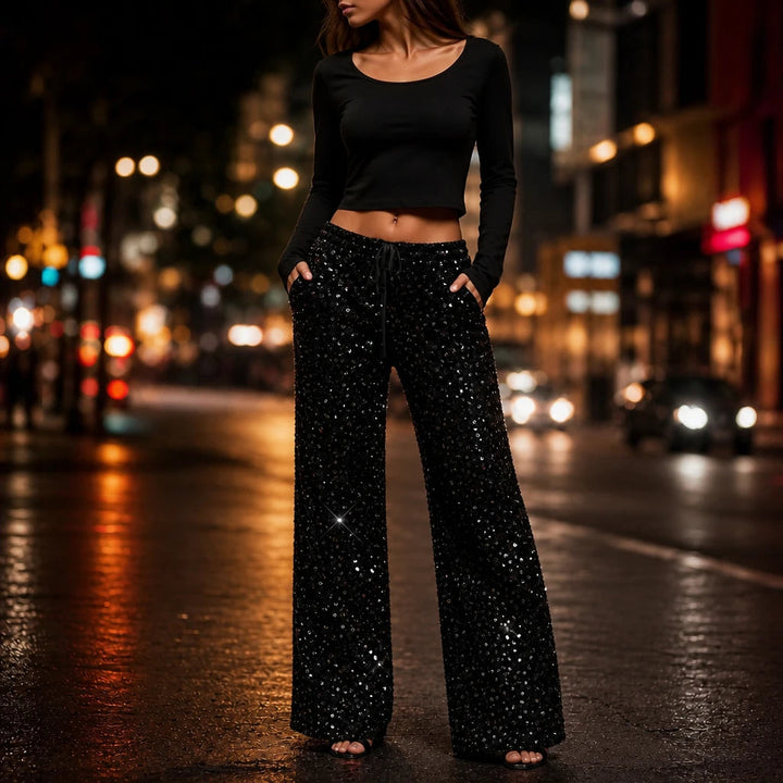 Women's Sequin Straight-Leg Trousers in black, Party Sparkle