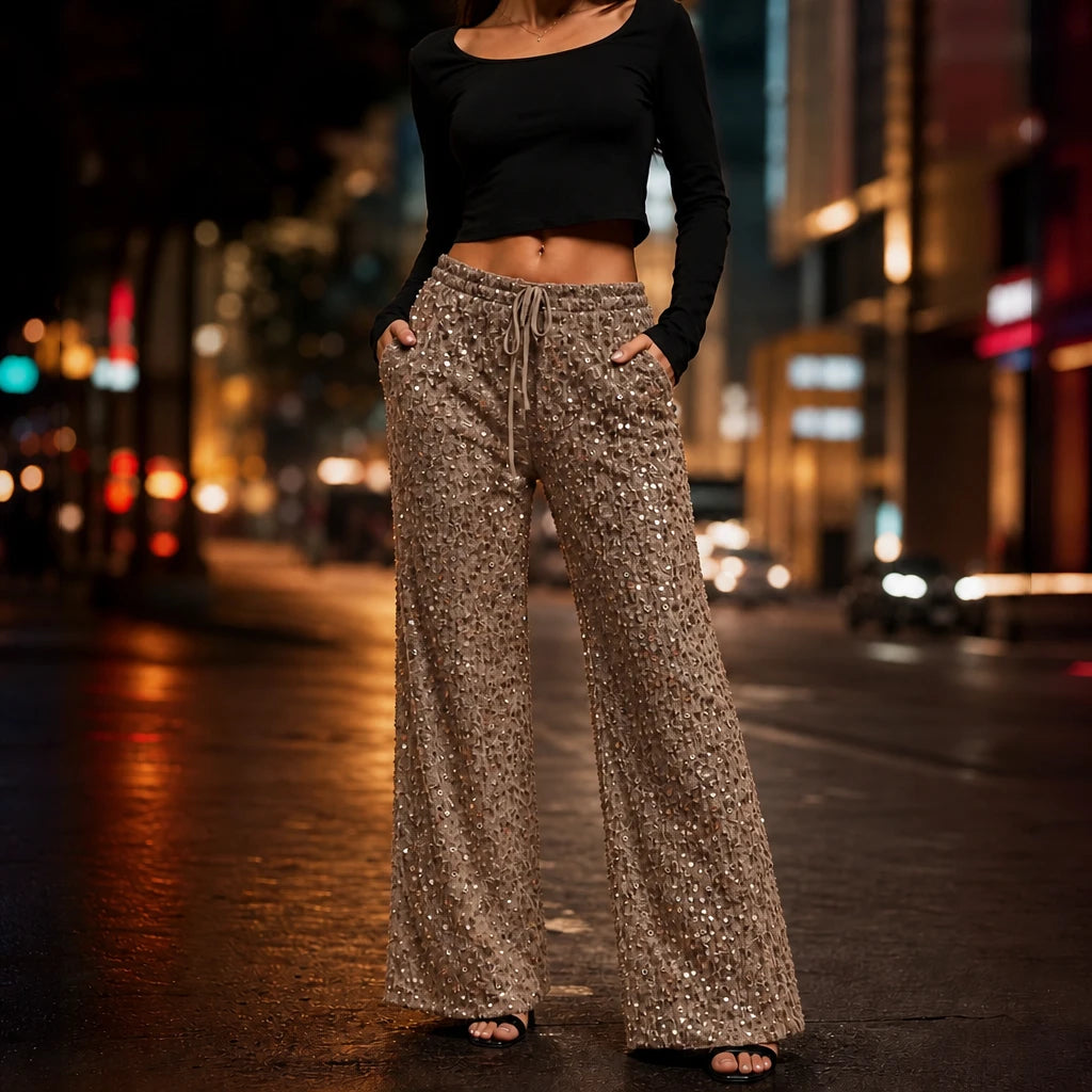 Women's Sequin Straight-Leg Trousers in brown, Party Sparkle