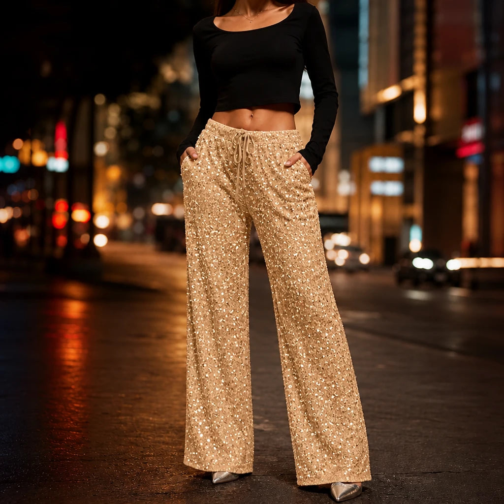 Women's Sequin Straight-Leg Trousers in gold, Party Sparkle