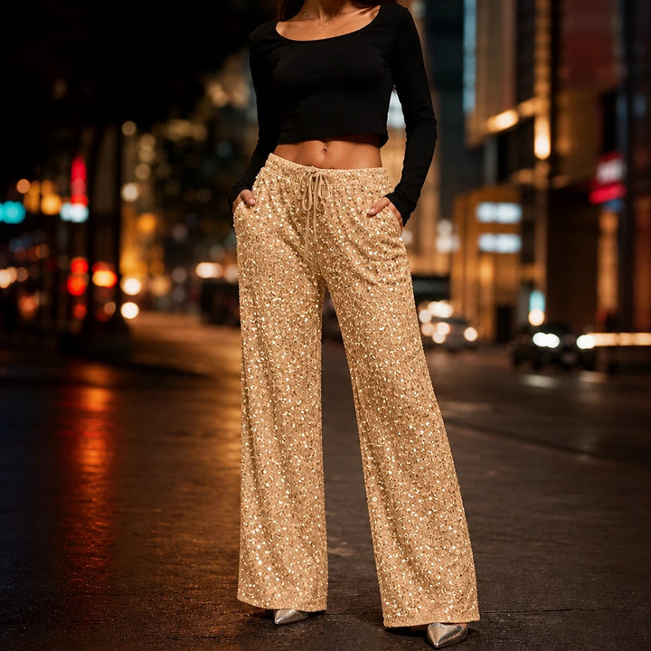 Women's Sequin Straight-Leg Trousers in gold, Party Sparkle