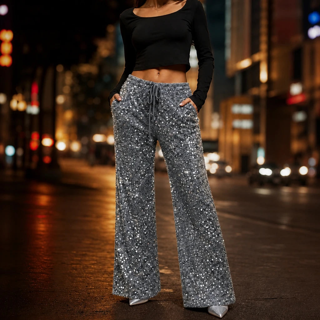 Women's Sequin Straight-Leg Trousers in grey, Party Sparkle