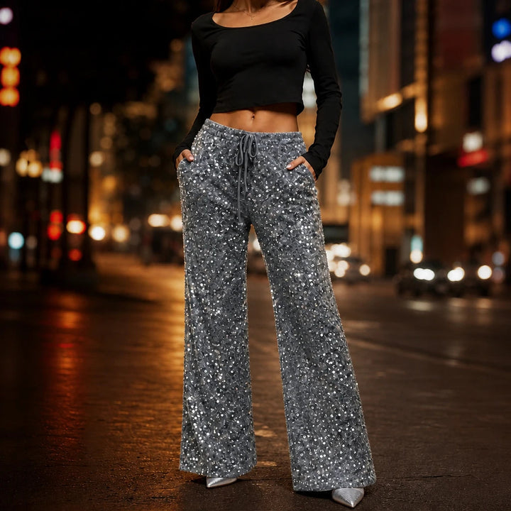 Women's Sequin Straight-Leg Trousers in grey, Party Sparkle
