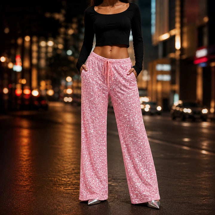 Women's Sequin Straight-Leg Trousers in pink, Party Sparkle