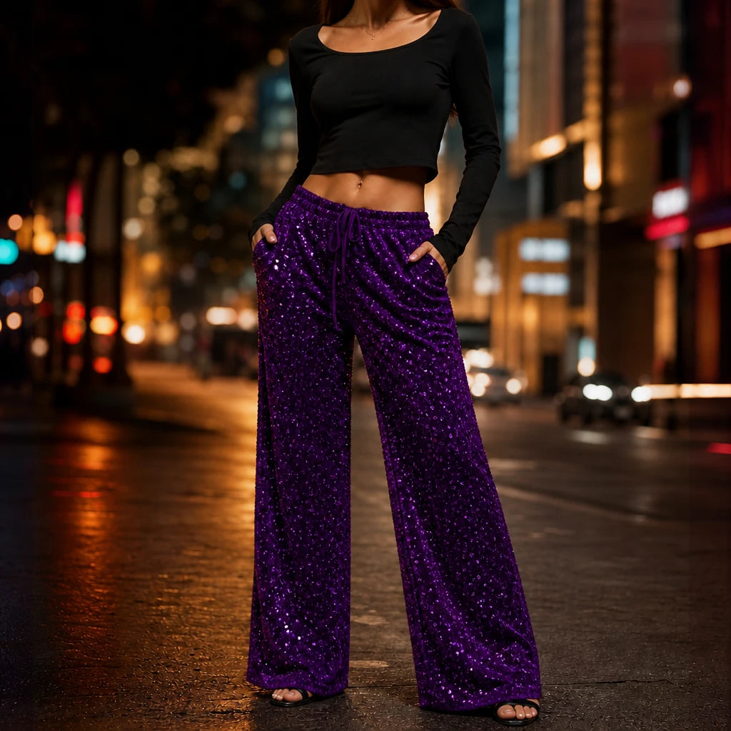 Women's Sequin Straight-Leg Trousers in purple, Party Sparkle