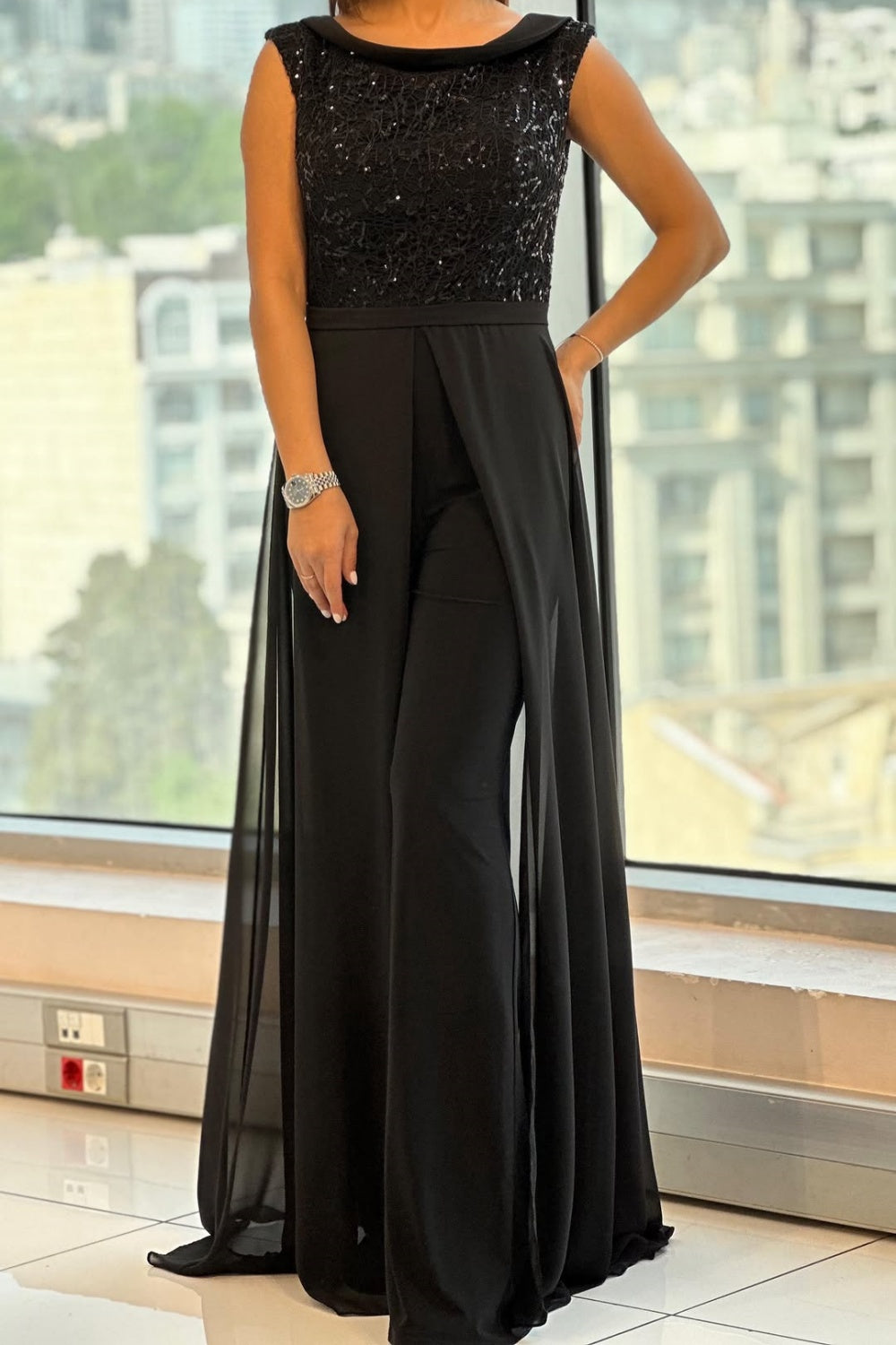 Women's Sequin Textured Tulle Jumpsuit - Evening Formal - Size S