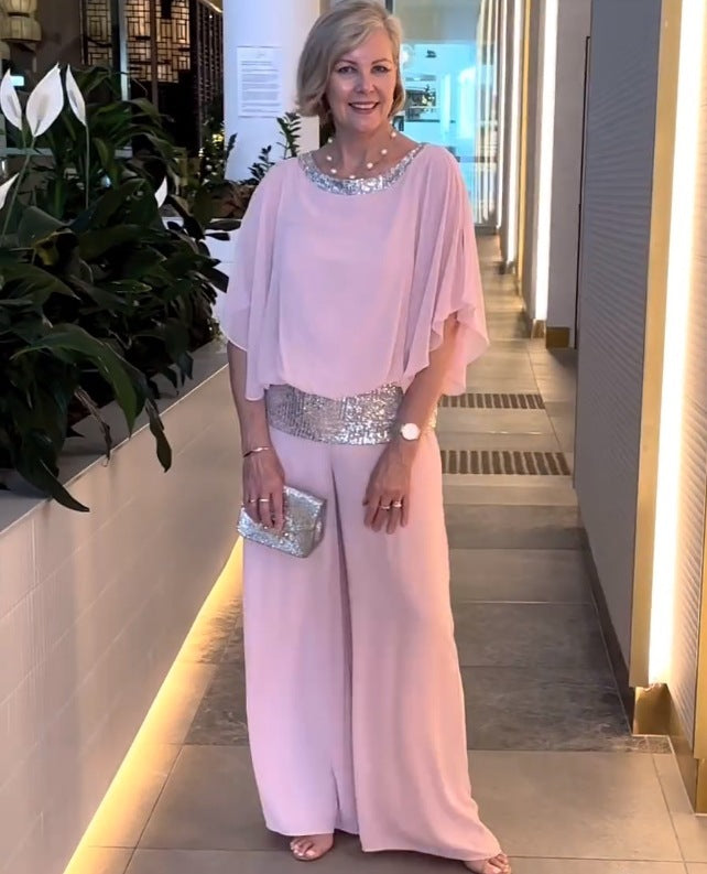 Women's Sequin Two-Piece Set - Elegant Evening Outfit - Pink