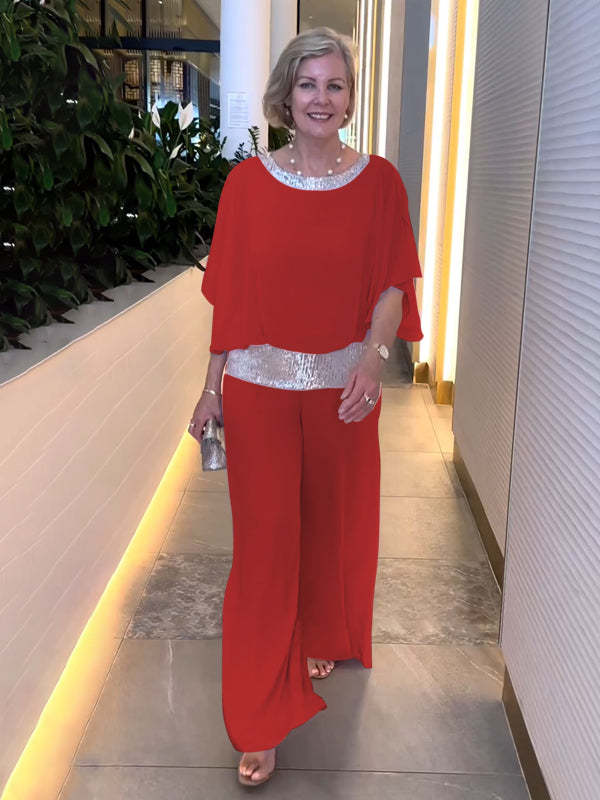 Women's Sequin Two-Piece Set - Elegant Evening Outfit - Red
