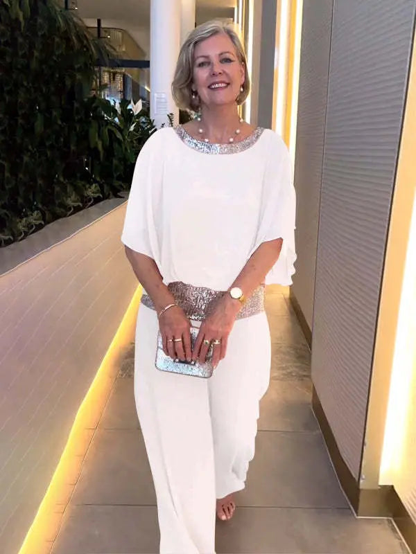 Women's Sequin Two-Piece Set - Elegant Evening Outfit - White