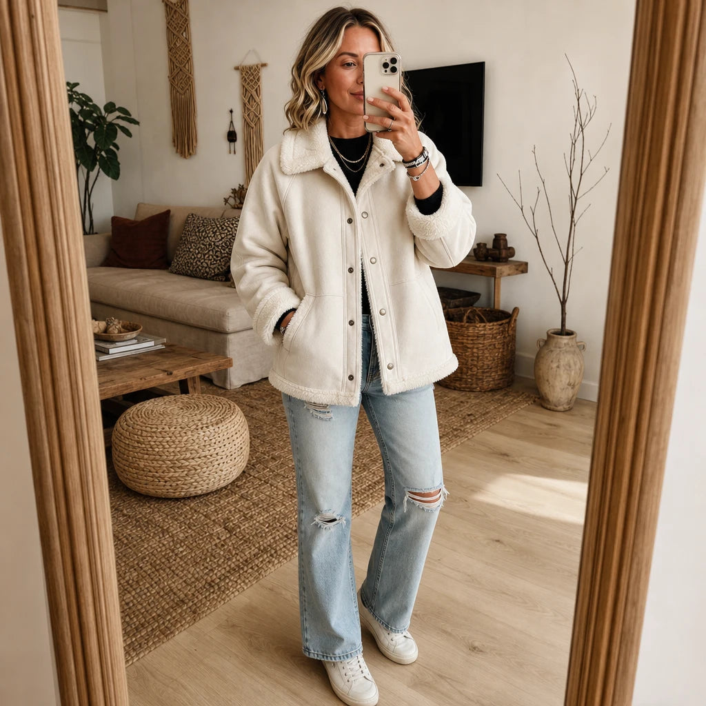 Women's Shearling-Trim Suede Jacket - Cozy Layering