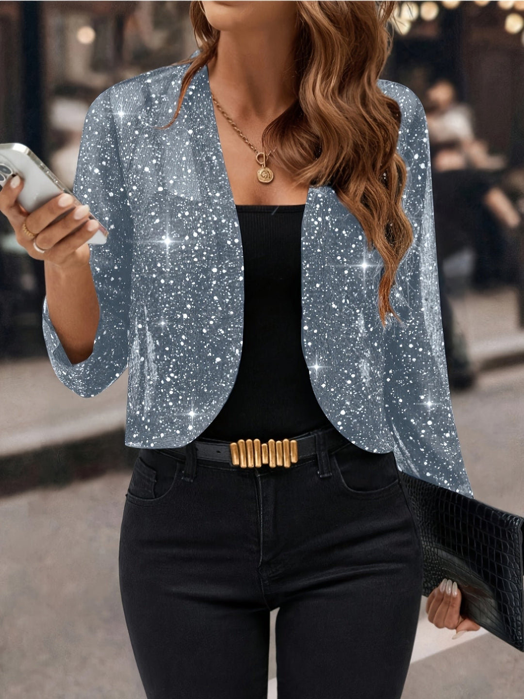 Women's Shimmer Cropped Jacket - 3/4 Sleeve