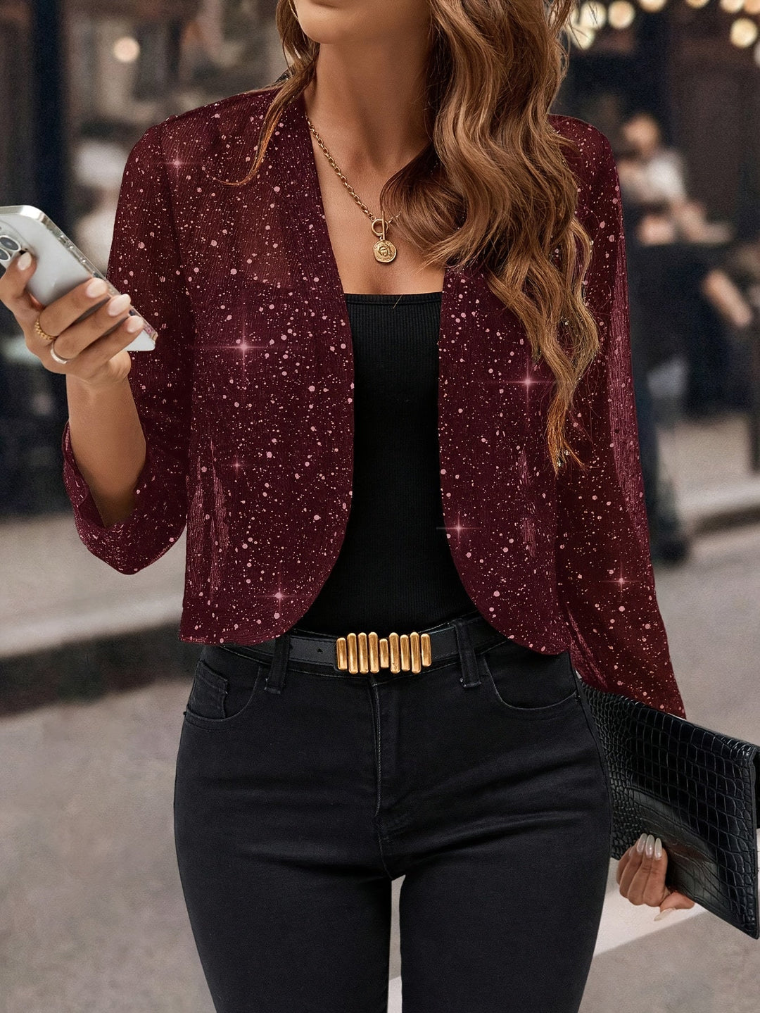 Women's Shimmer Cropped Jacket - 3/4 Sleeve