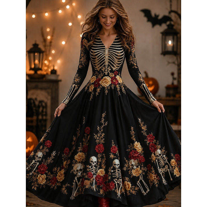 Women's Skeleton Rose Print Maxi Dress in black, Halloween Gothic