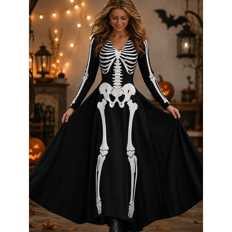 Women's Skeleton Rose Print Maxi Dress in white, Halloween Gothic