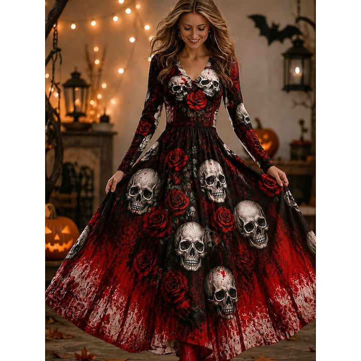 Women's Skeleton Rose Print Maxi Dress in wine, Halloween Gothic