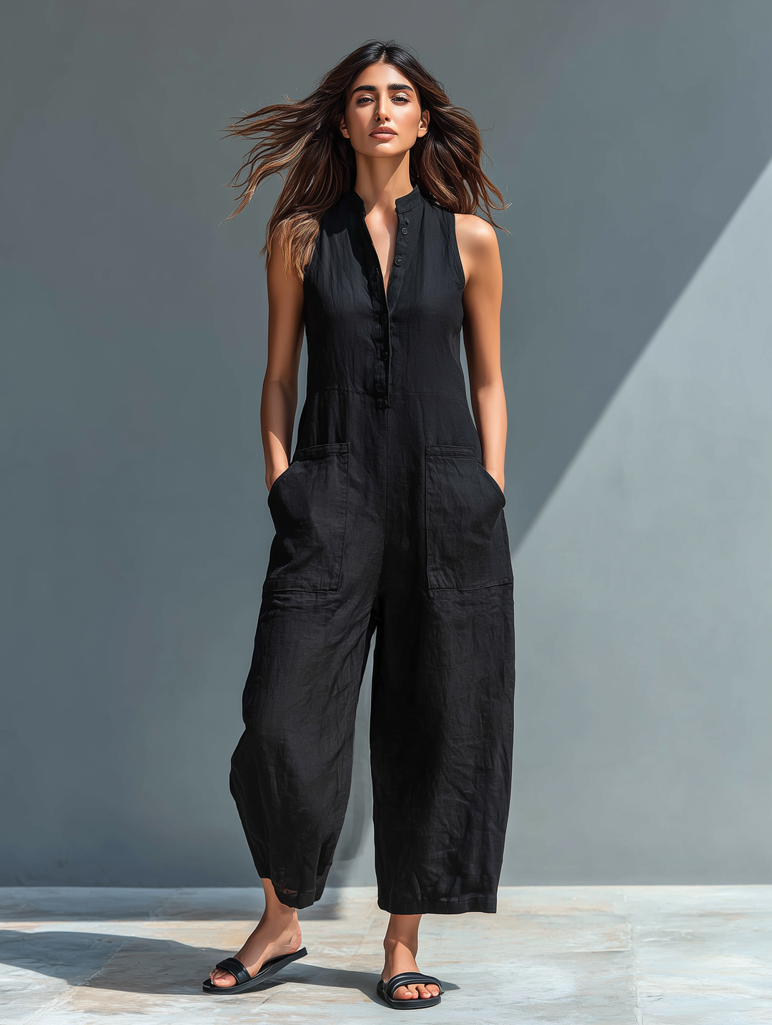 Women's Sleeveless Jumpsuit - Elegant Mandarin Collar - Black